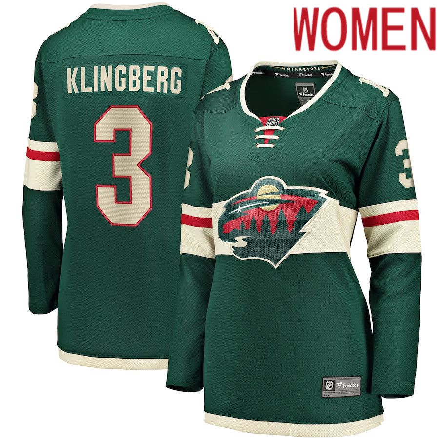 Women Minnesota Wild #3 John Klingberg Fanatics Branded Green Home Breakaway NHL Jersey->women nhl jersey->Women Jersey
